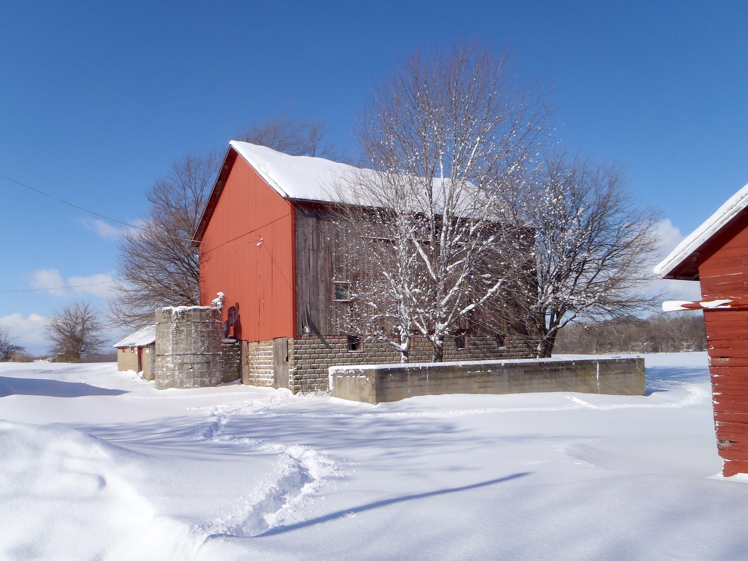 A red barn in Michigan surrounded by bright white snow