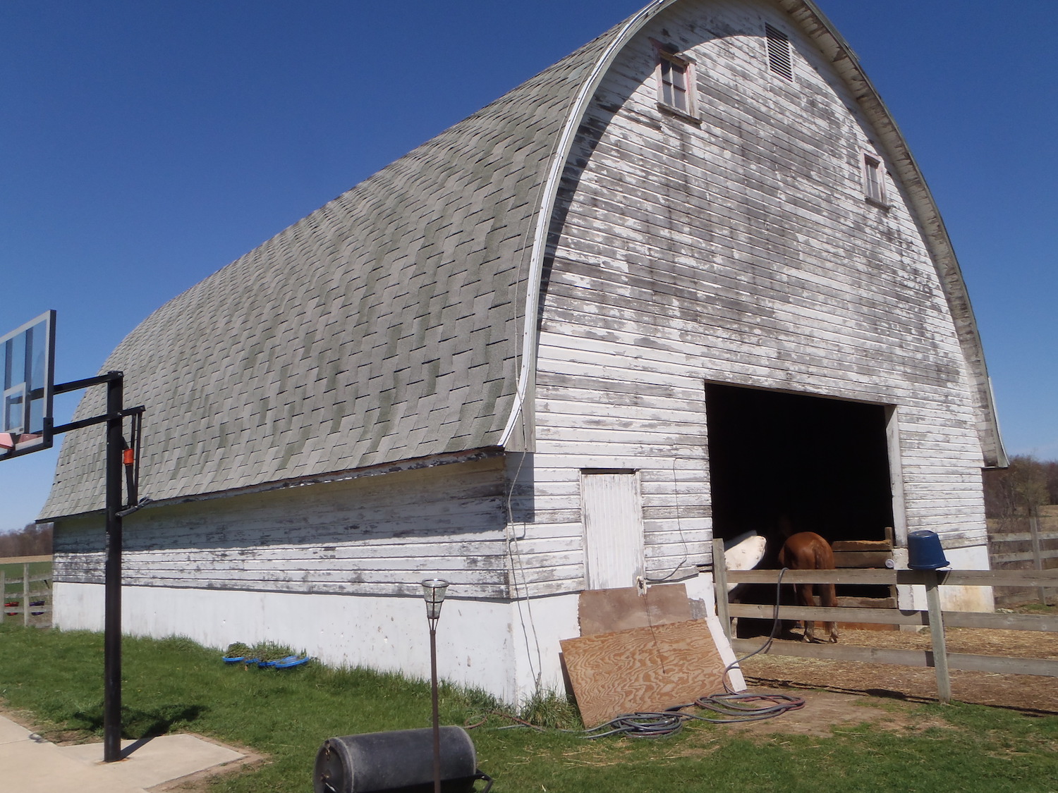 A barn in East Leroy, Michigan with a classic gothic roofline