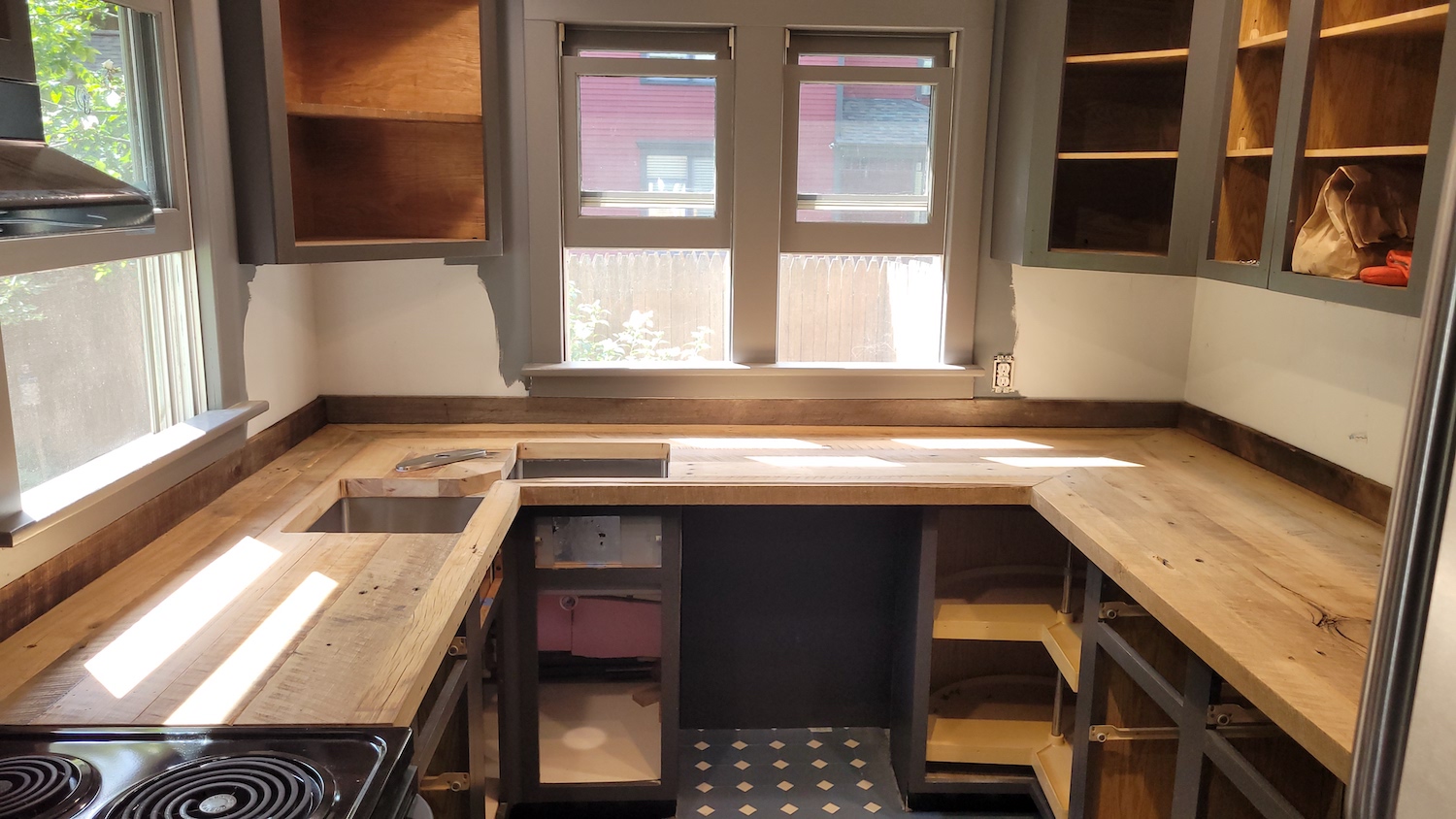 A set of our custom reclaimed wood countertops installed in a client's kitchen
