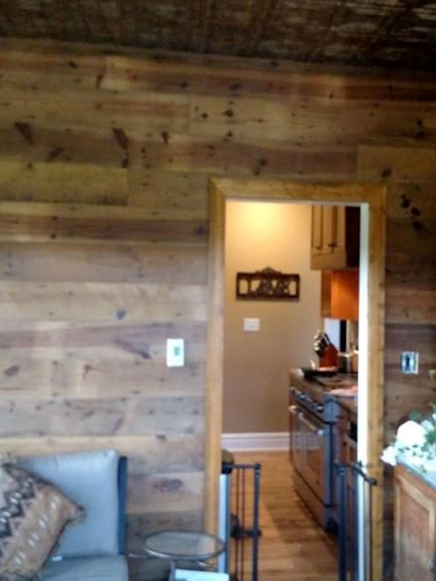 A full wall of reclaimed lumber in a Northern Michigan cabin