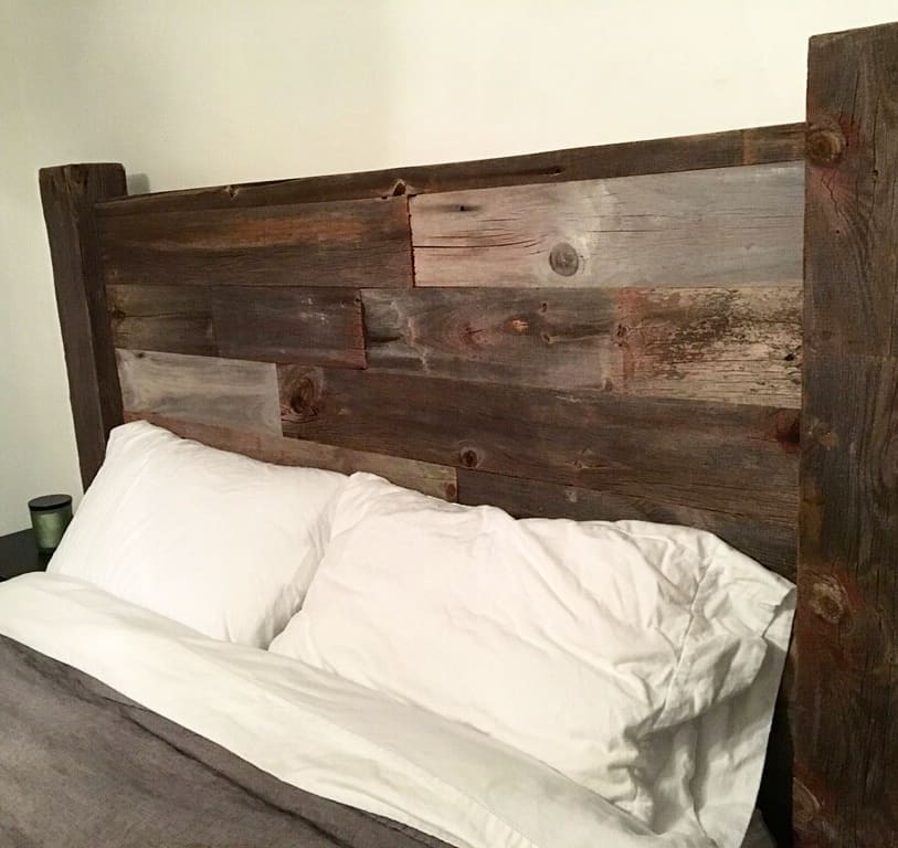 Handcrafted white pine barnwood bedframe and headboard
