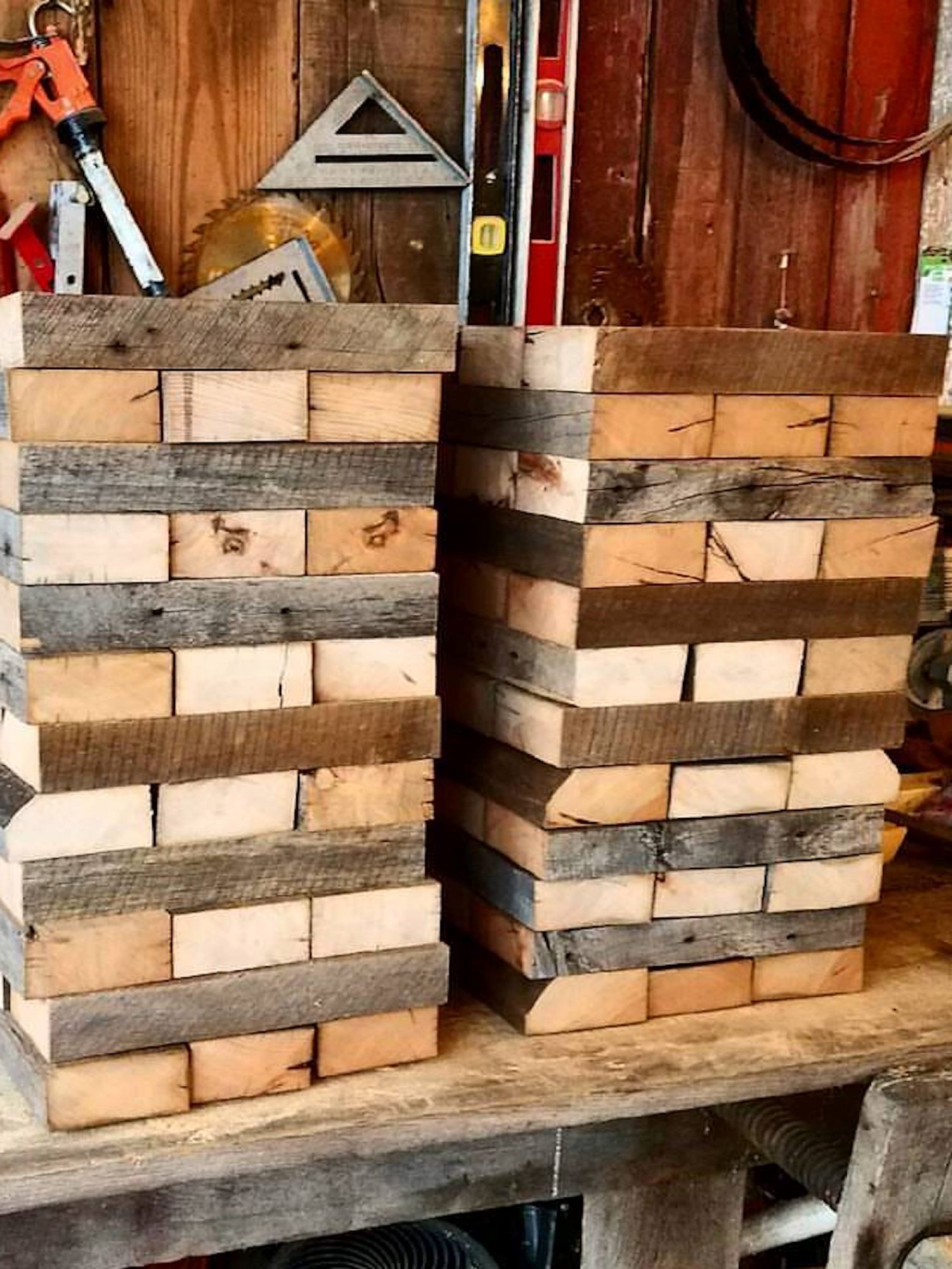 Pieces of the giant jenga set on the workbench of our shop