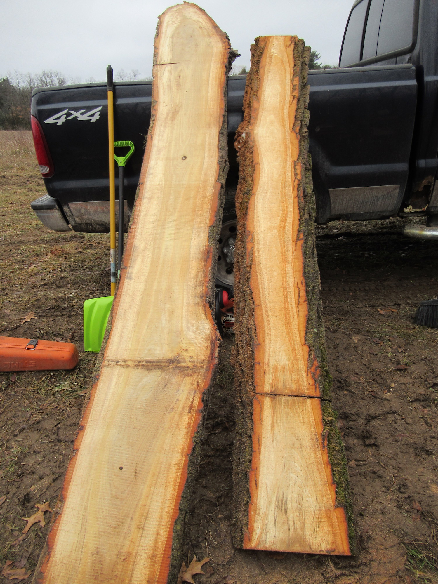 Two live edge slabs at our saw mill