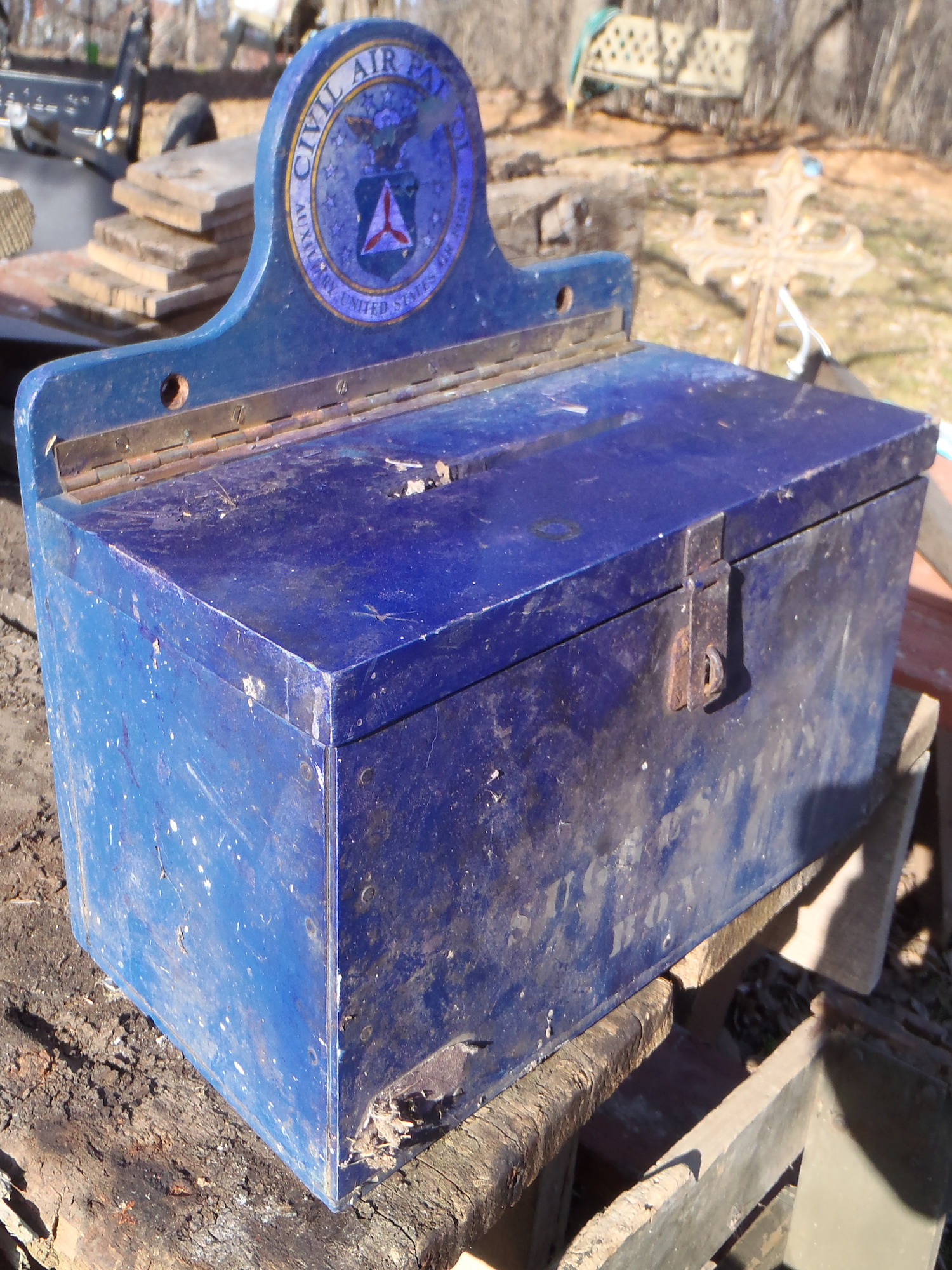 A blue civil air patrol box found at a barn